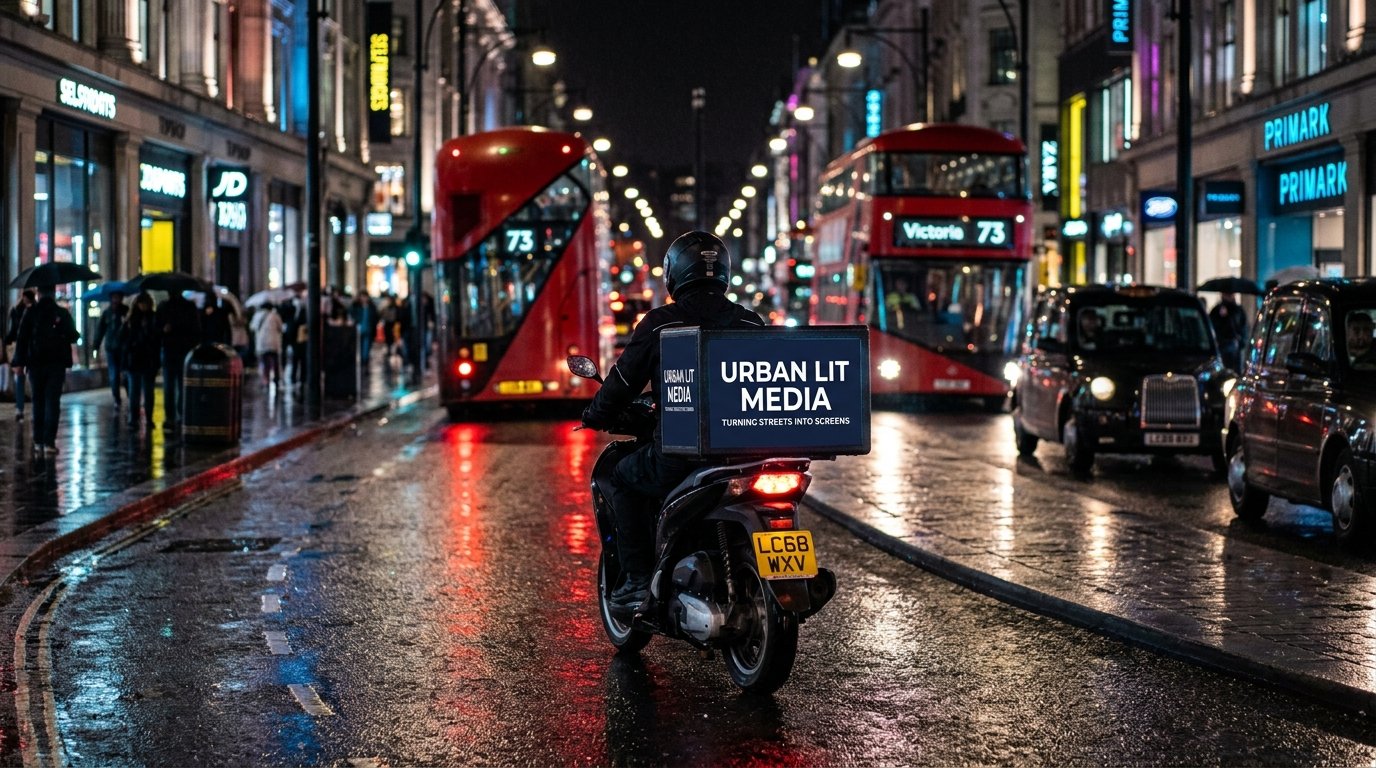 Urban Lit Media LED advertising screen on a delivery moped in London at night